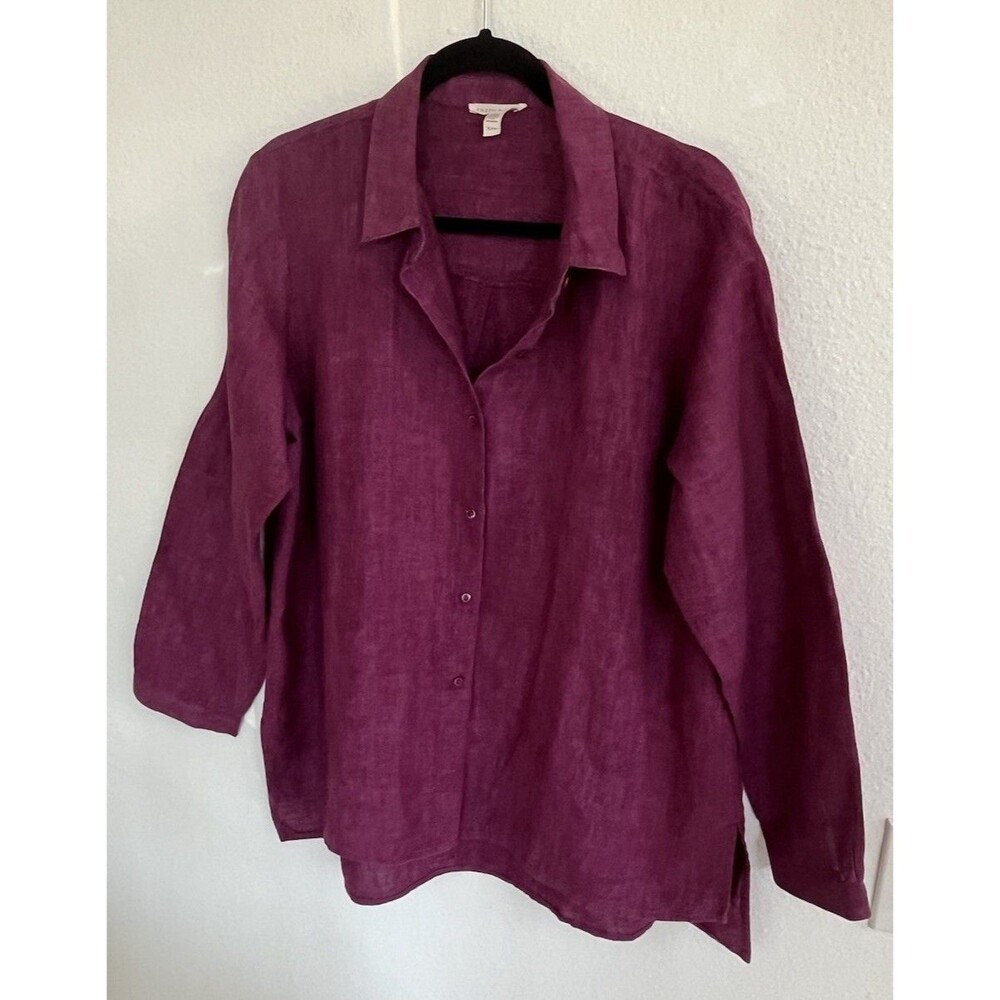 Eileen Fisher Womens Button Up Shirt LS Organic Linen PL Plum Purple Lagenlook